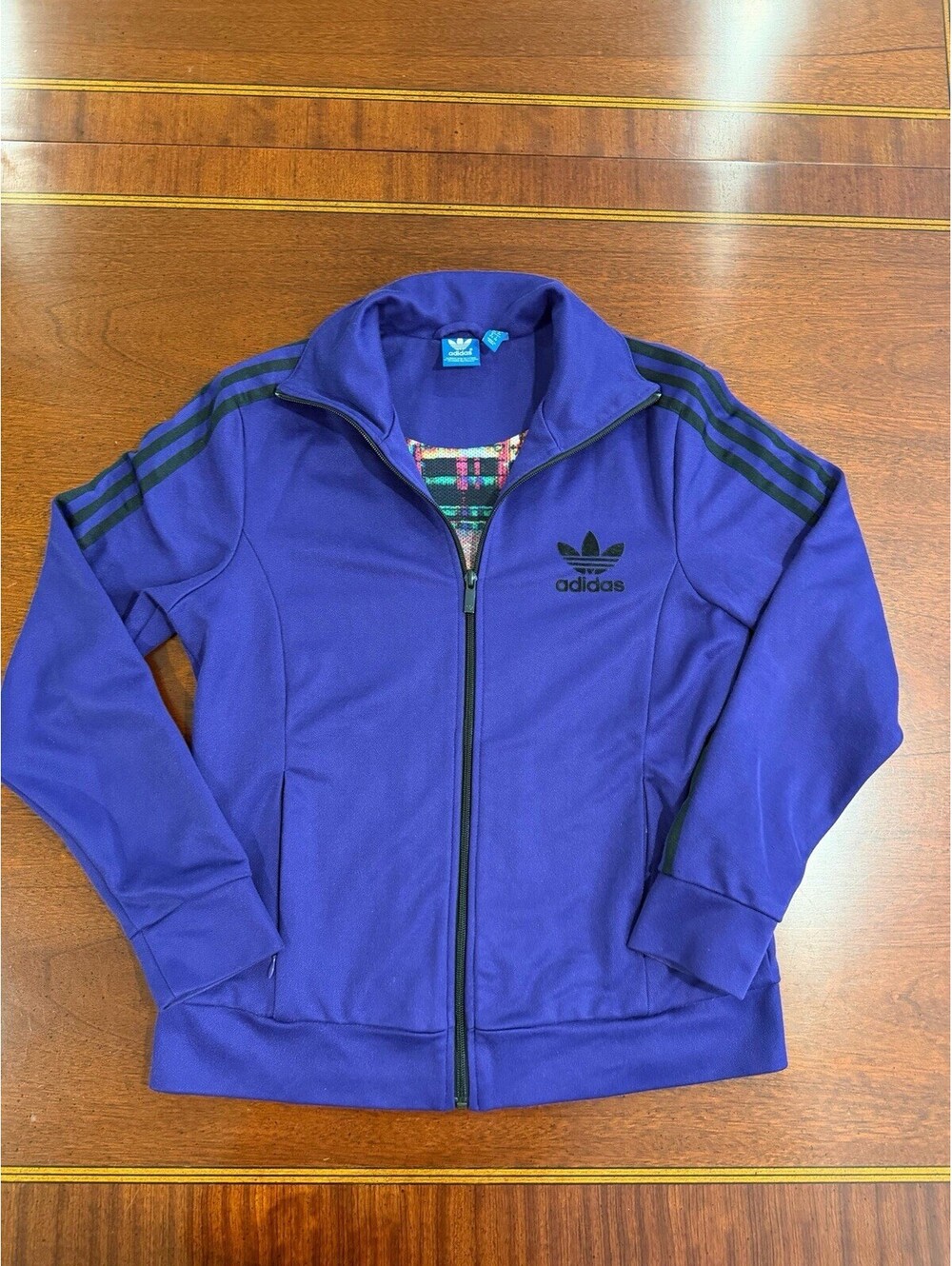 Adidas Originals Track Jacket Women L Purple Black 3 Stripe Trefoil Graphic